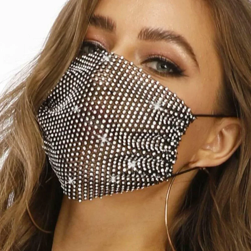 ❤️ NEW Rhinestone Face Mask Black Mesh Beautiful A Lot of Bling - Picture 5 of 6
